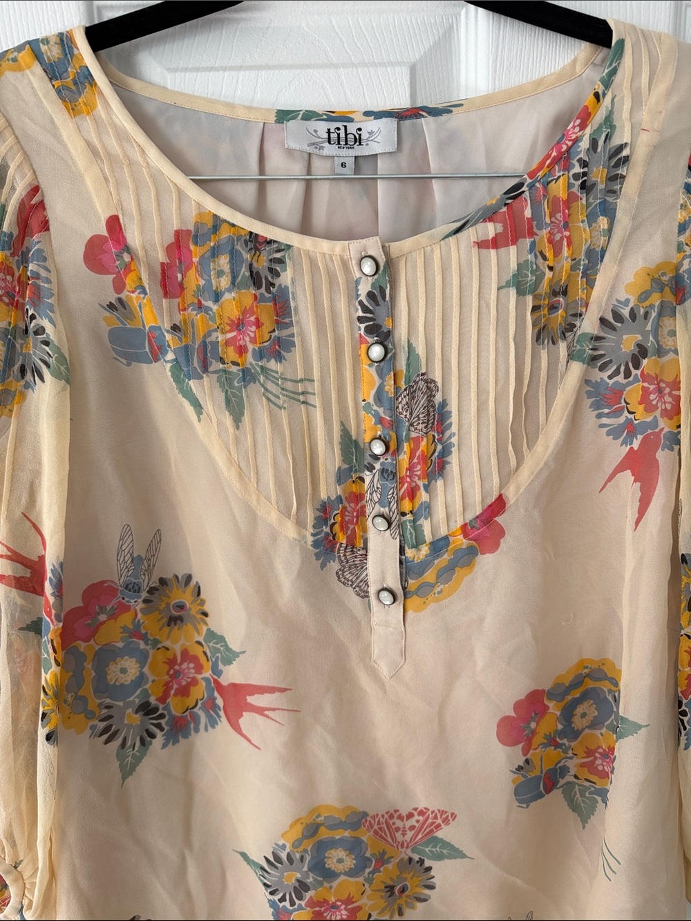 Tibi Cream Floral Pintuck Silk Blouse with Mixed Color Blooms